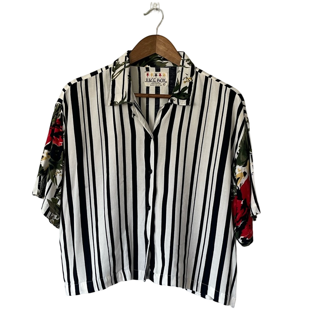 Vintage Juke Box Short Sleeve Top Striped Black and White Rayon Floral Size L